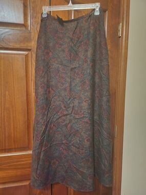 Lauren Ralph Lauren Dark Brown Silk Maxi Skirt with Burgundy Floral Print